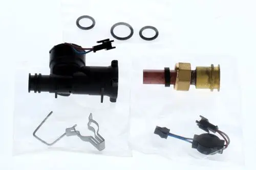 Bosch Hydrogenerator mit mehreren Dichtungen, Kabelanschlüssen und Montagezubehör. Teile in durchsichtigen Verpackungen sichtbar angeordnet.